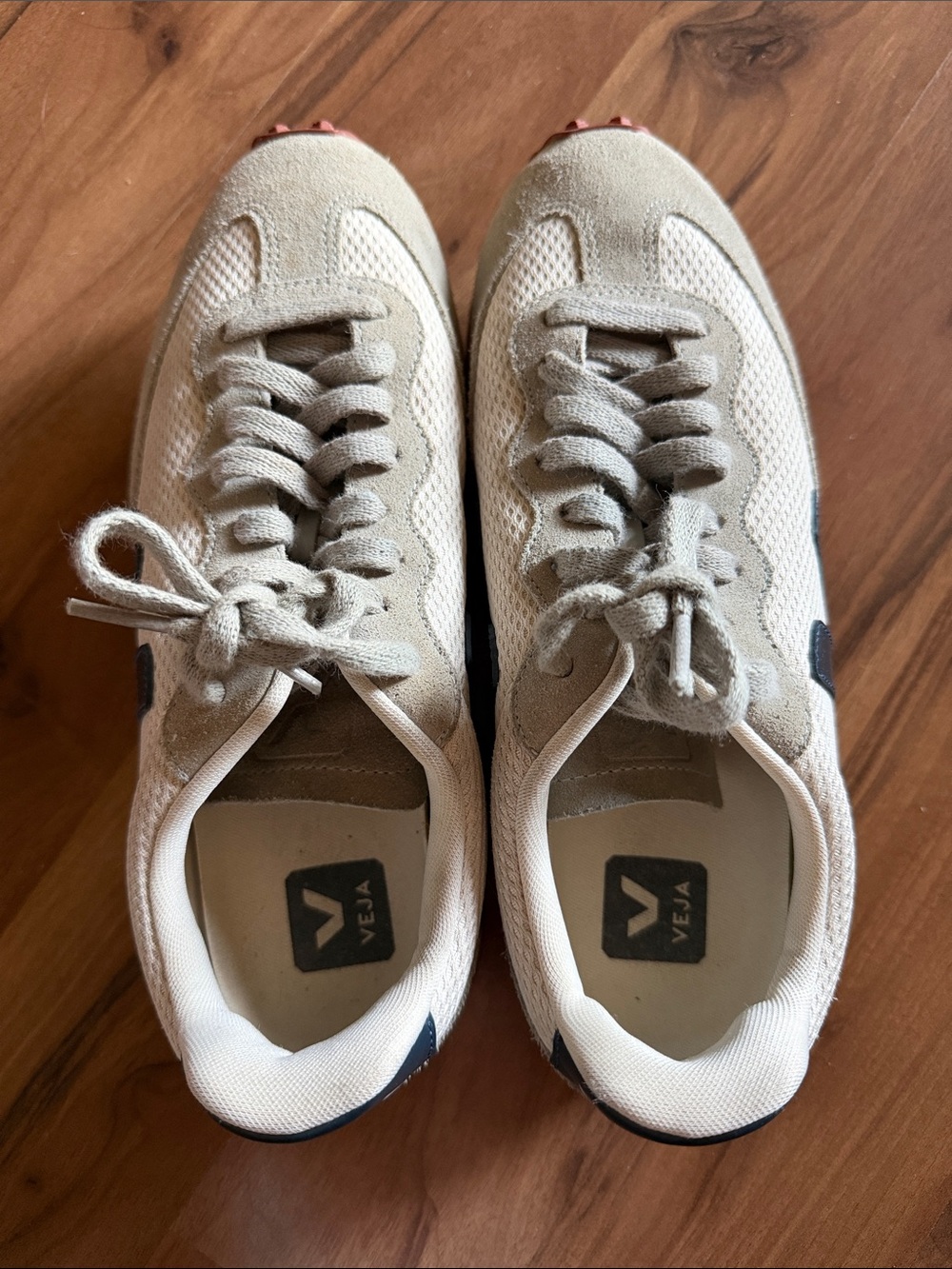 Veja Beige and White Suede Mesh Sneakers with Navy Accents
